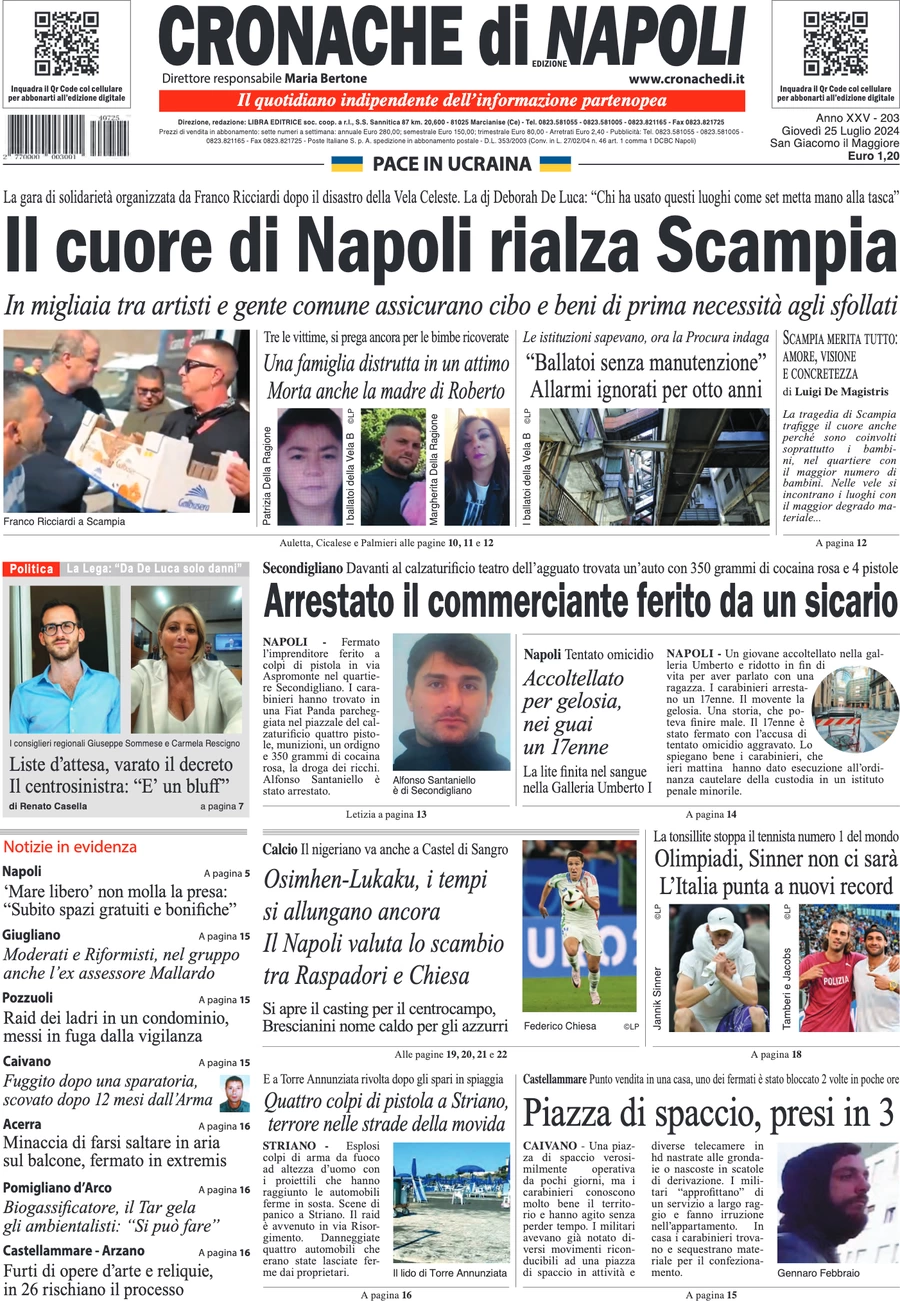 anteprima della prima pagina di cronache-di-napoli del 25/07/2024