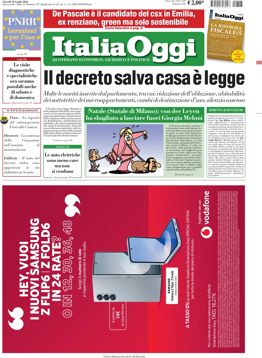 Anteprima prima pagina della rasegna stampa di ieri 2024-07-25 - italia-oggi/