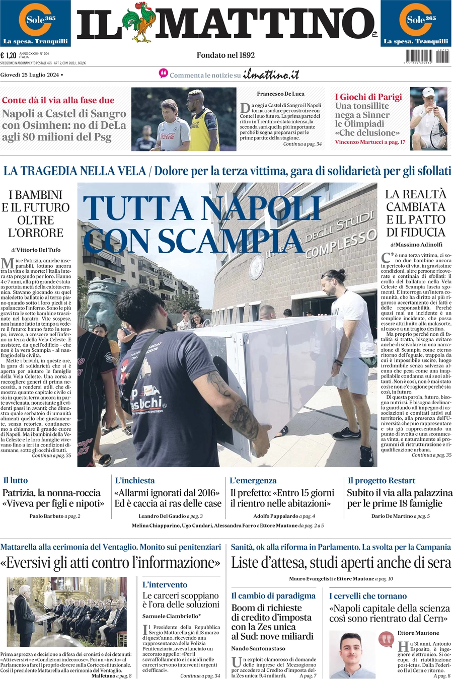 anteprima della prima pagina di il-mattino del 25/07/2024