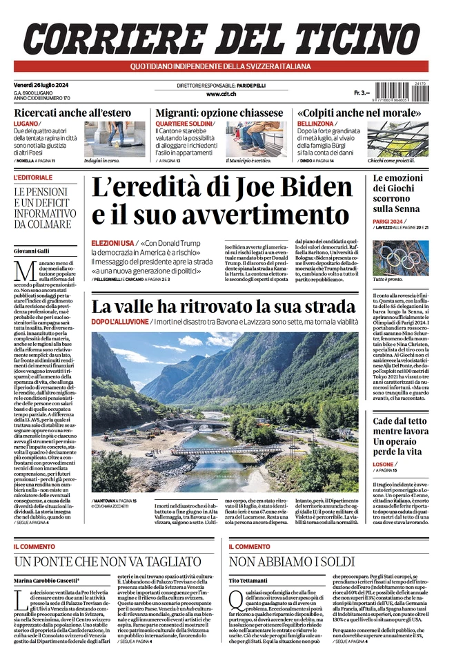 anteprima della prima pagina di Corriere del Ticino