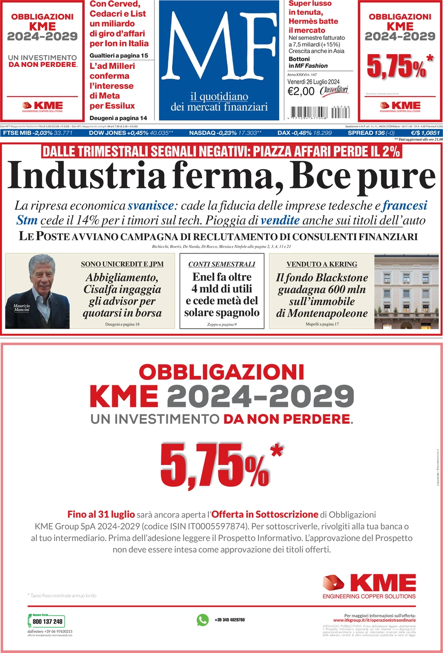 anteprima della prima pagina di MF Milano Finanza