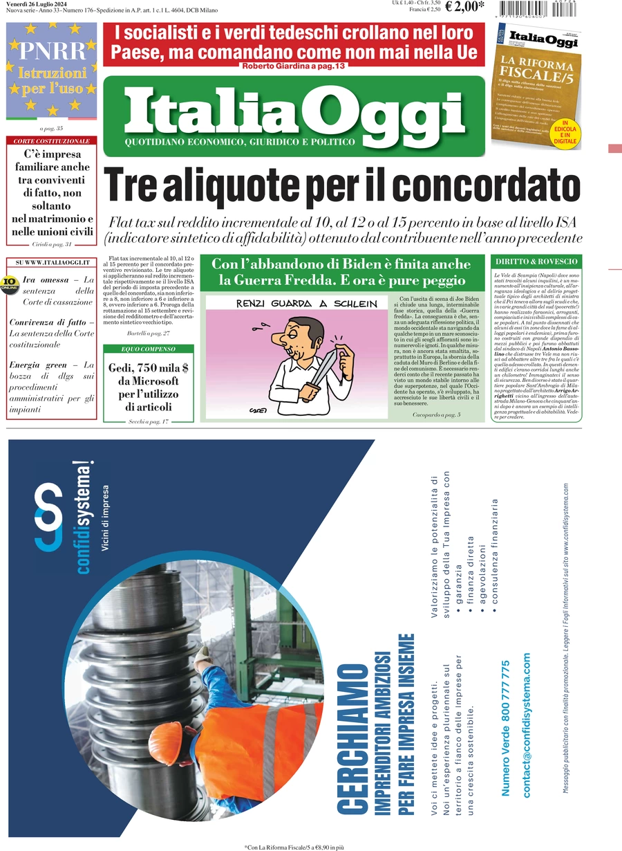 anteprima della prima pagina di italiaoggi del 26/07/2024
