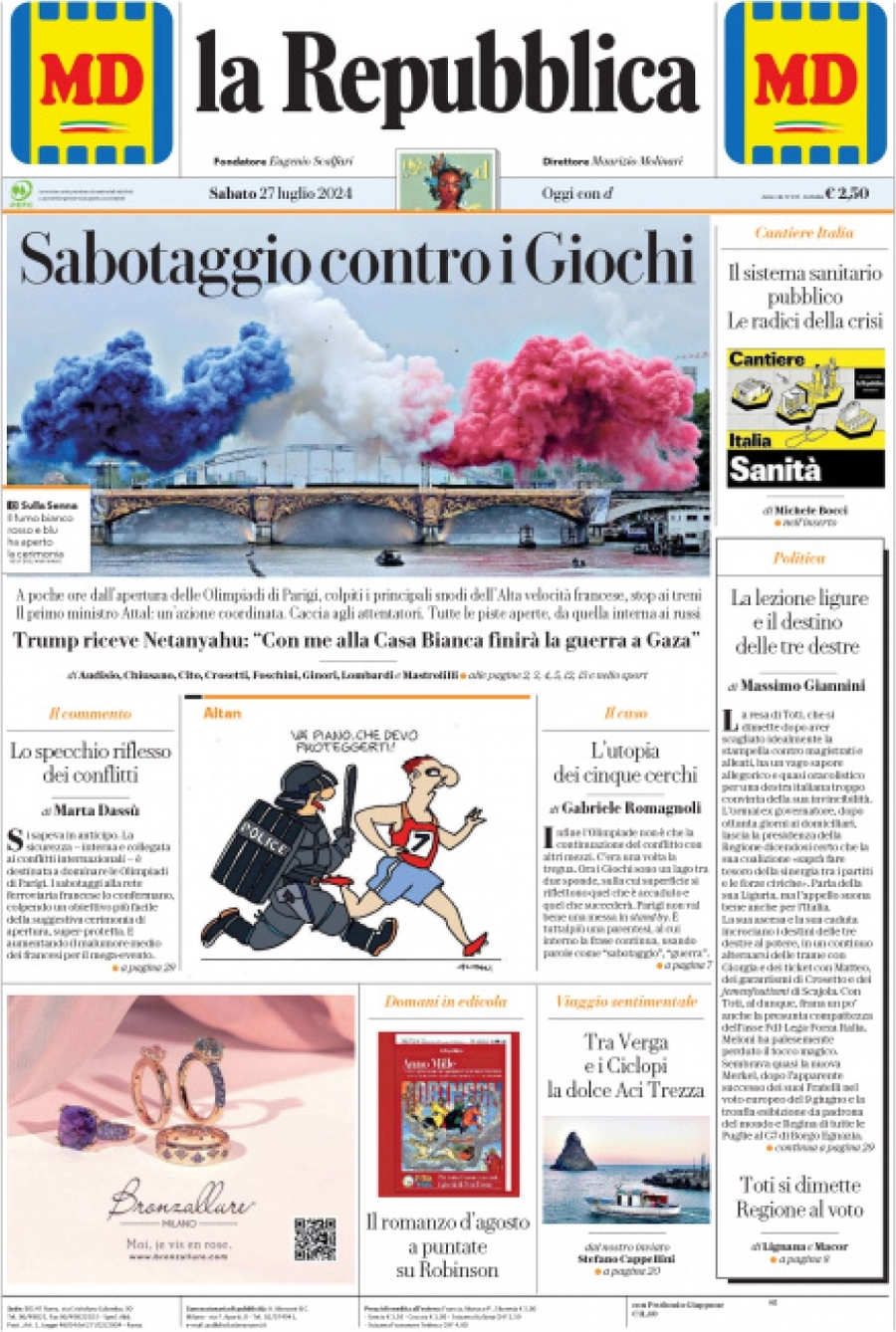 prima pagina - La Repubblica del 27/07/2024