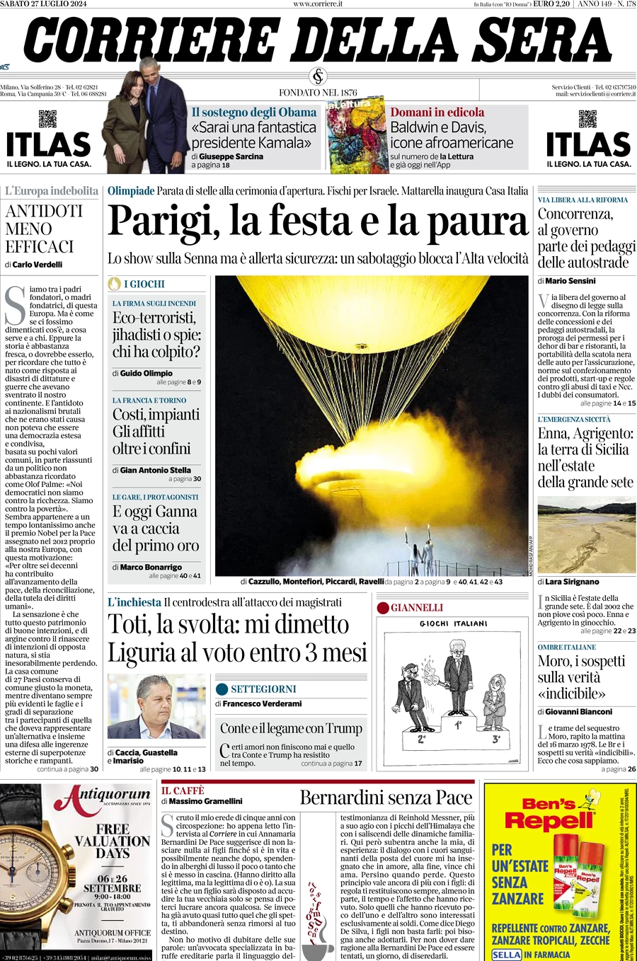 prima pagina - Corriere della Sera del 27/07/2024