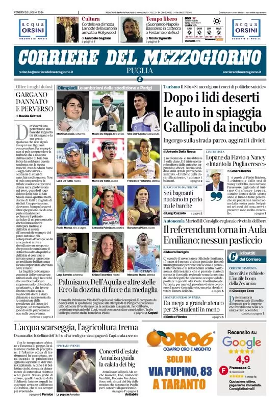anteprima della prima pagina di Corriere del Mezzogiorno (Puglia)