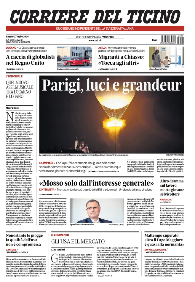 prima pagina - Corriere del Ticino del 27/07/2024