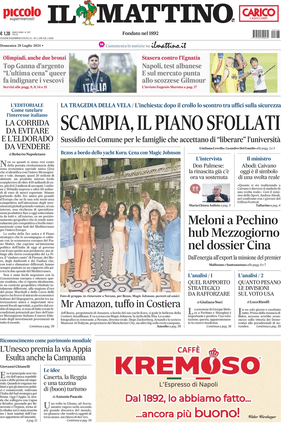 anteprima della prima pagina di il-mattino del 28/07/2024