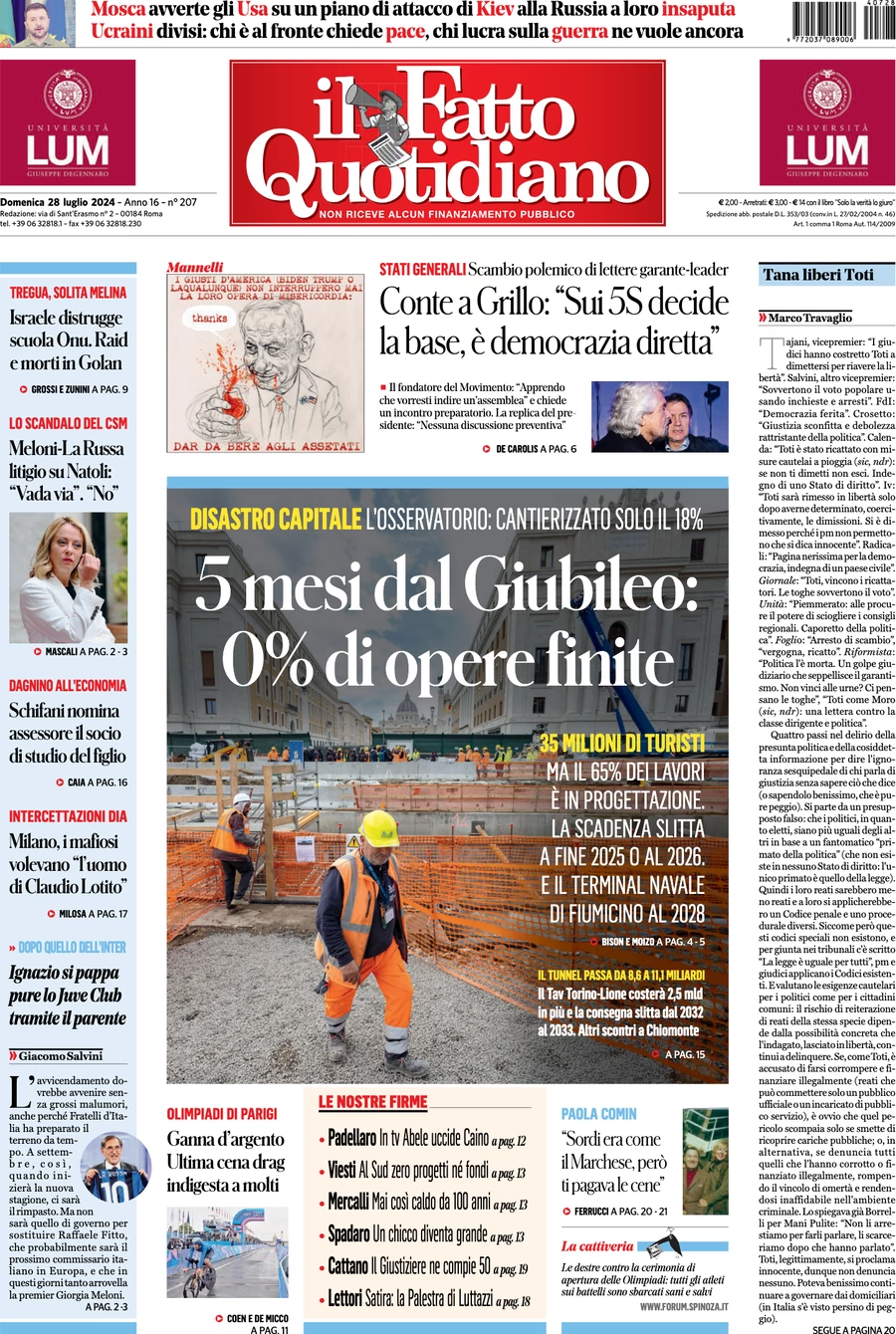 anteprima della prima pagina di il-fatto-quotidiano del 28/07/2024