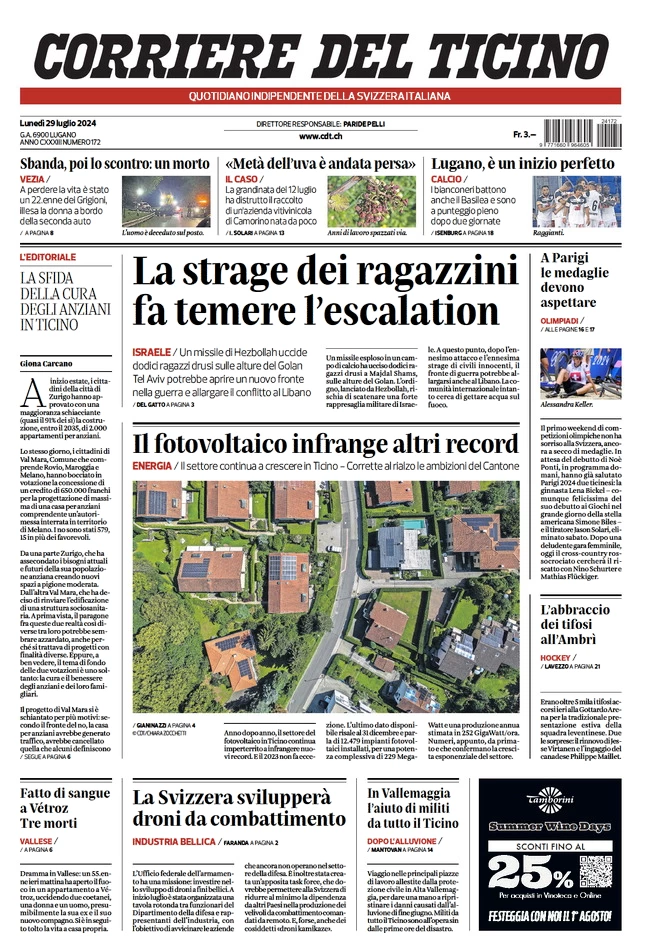 anteprima della prima pagina di corriere-del-ticino del 29/07/2024