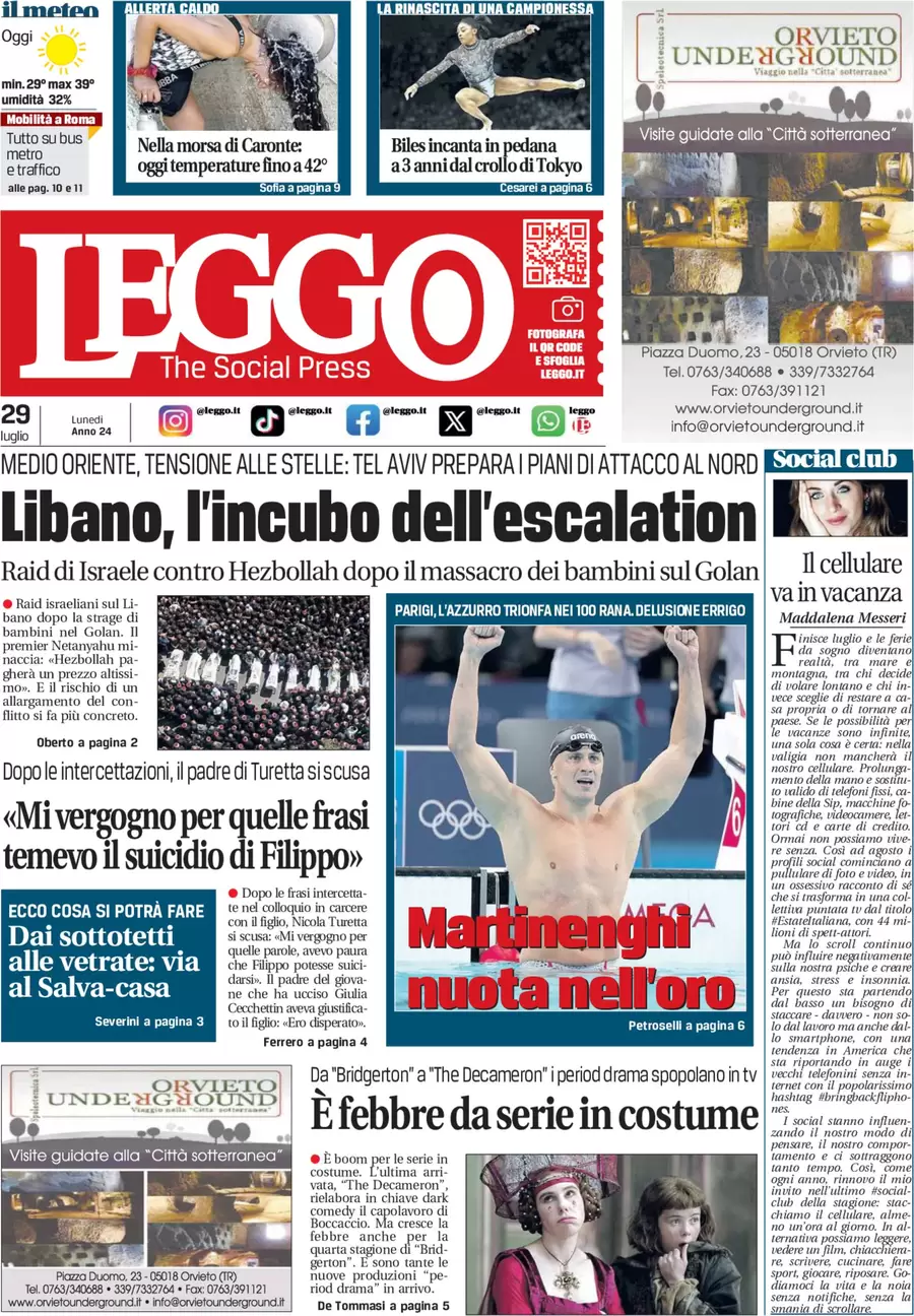 anteprima della prima pagina di leggo-roma del 29/07/2024