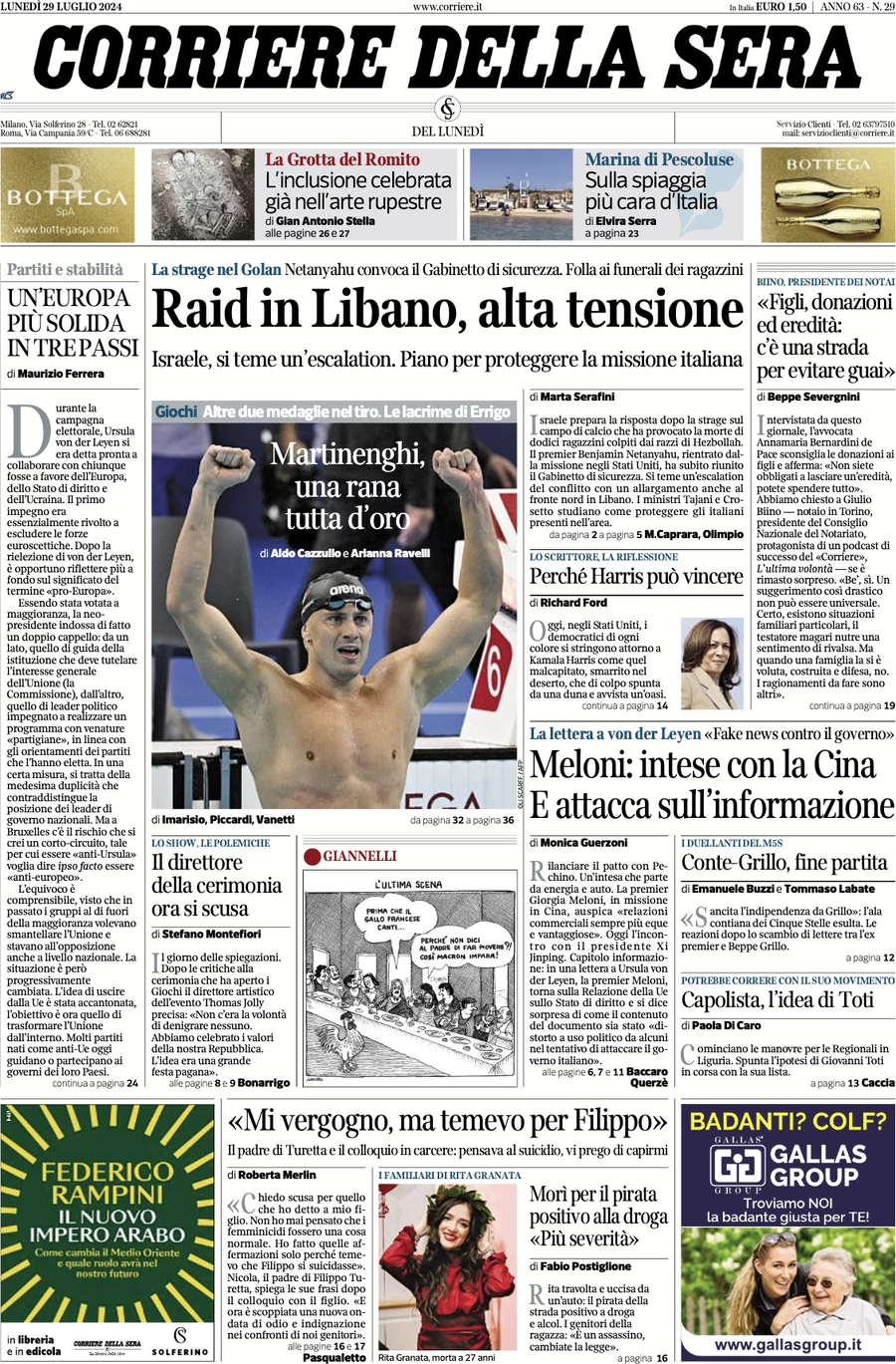 anteprima della prima pagina di corriere-della-sera del 29/07/2024