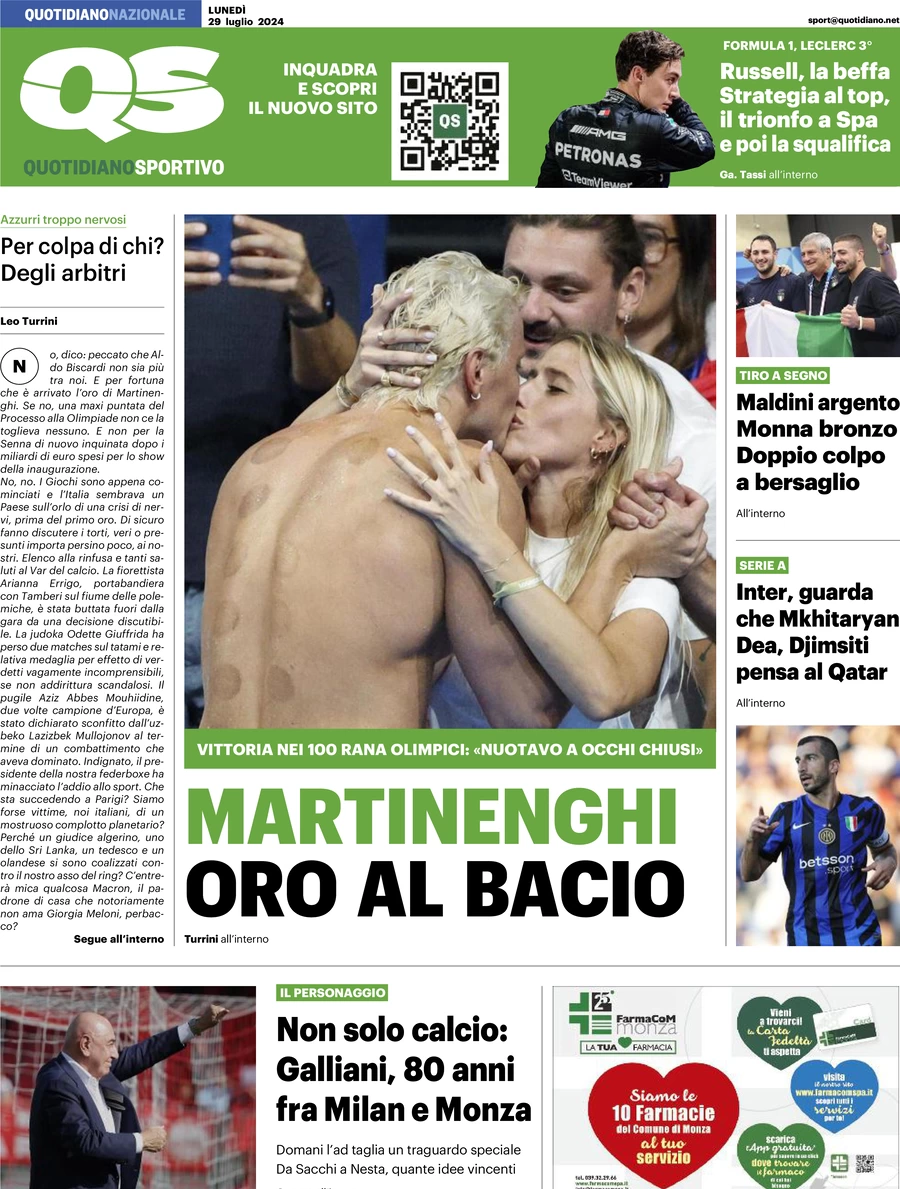 anteprima della prima pagina di qs-quotidiano-sportivo del 29/07/2024