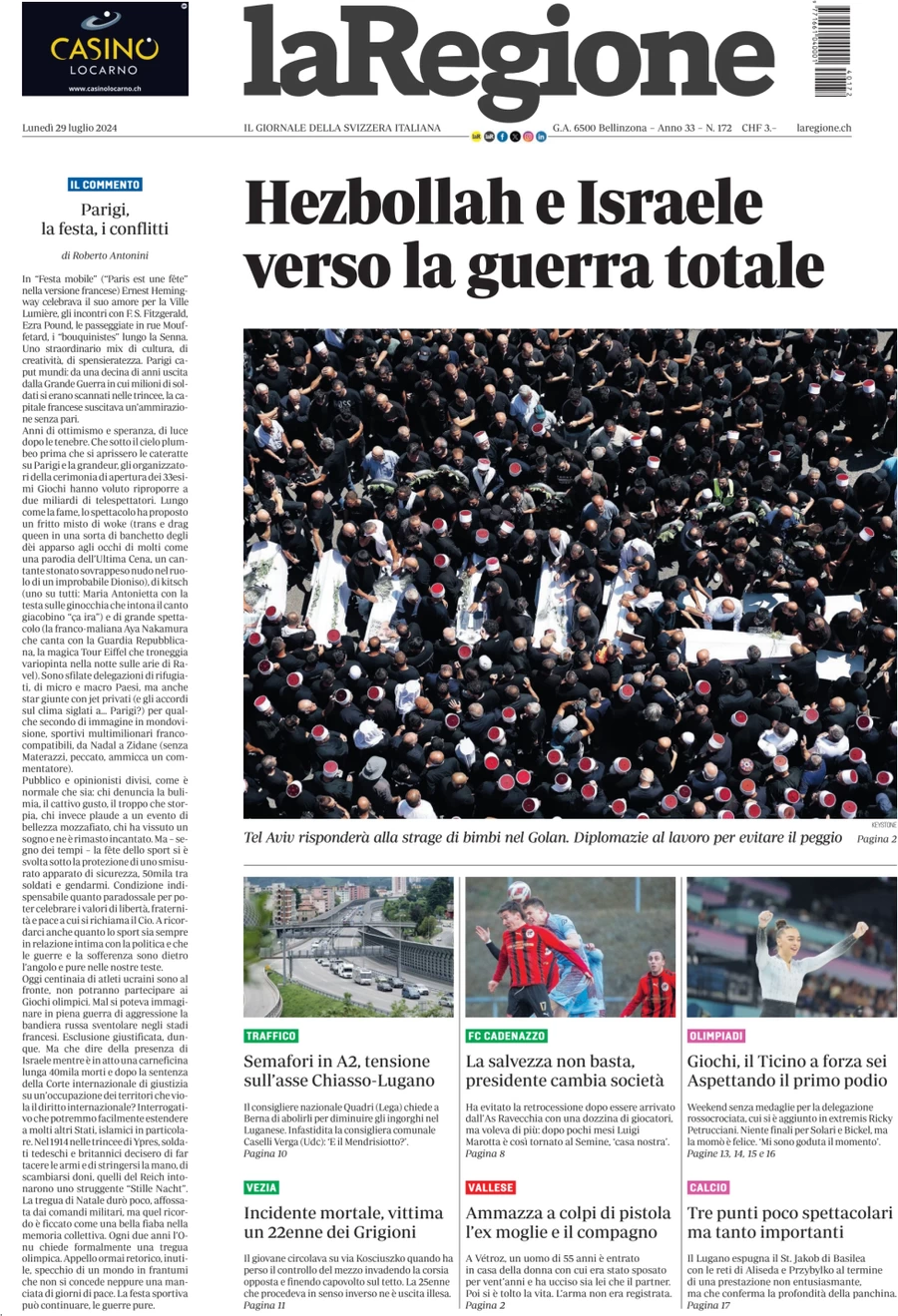 anteprima della prima pagina di la-regione del 29/07/2024