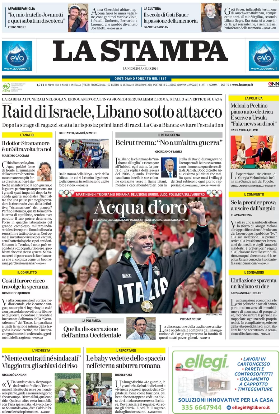 anteprima della prima pagina di la-stampa del 29/07/2024