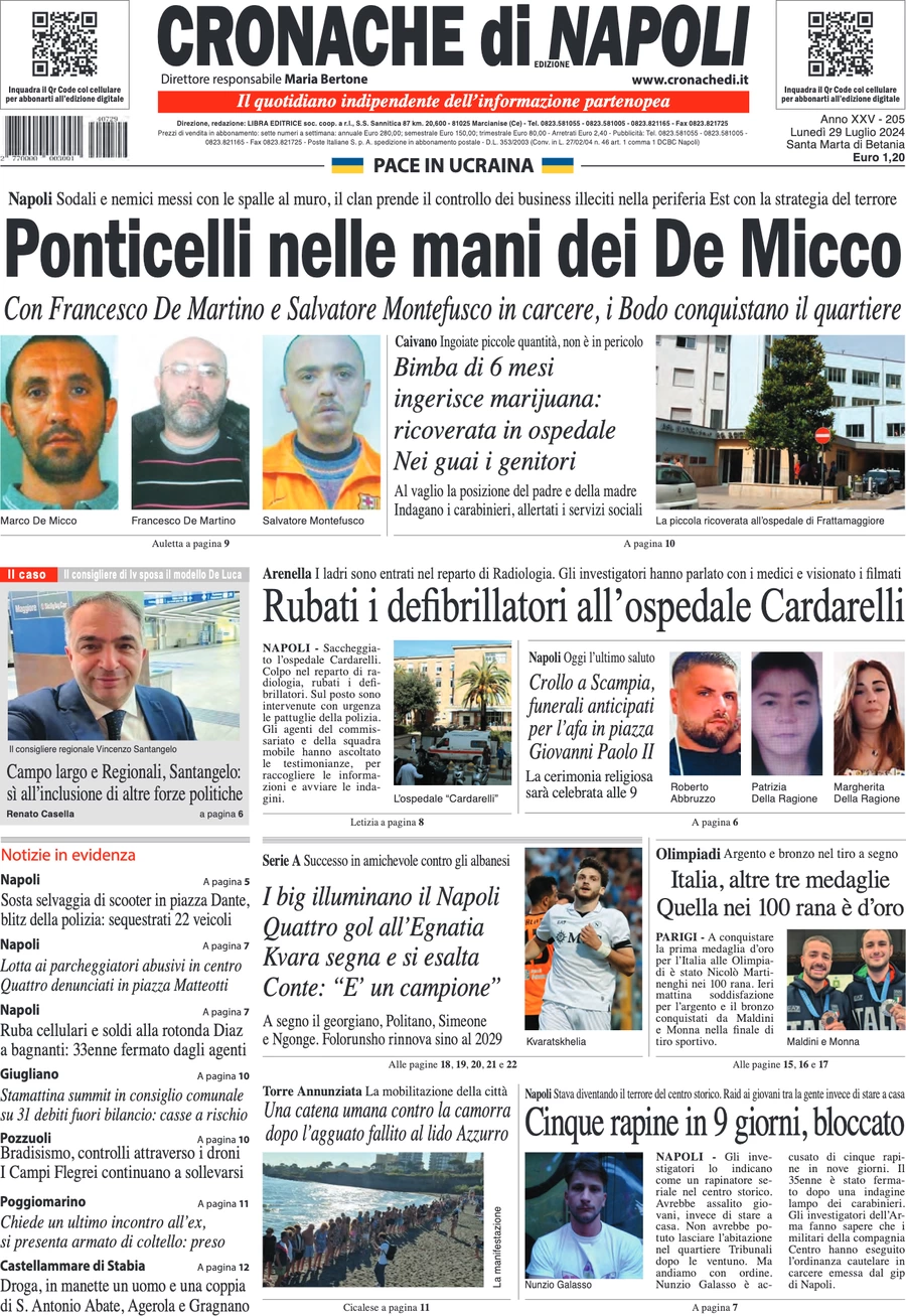 anteprima della prima pagina di cronache-di-napoli del 29/07/2024