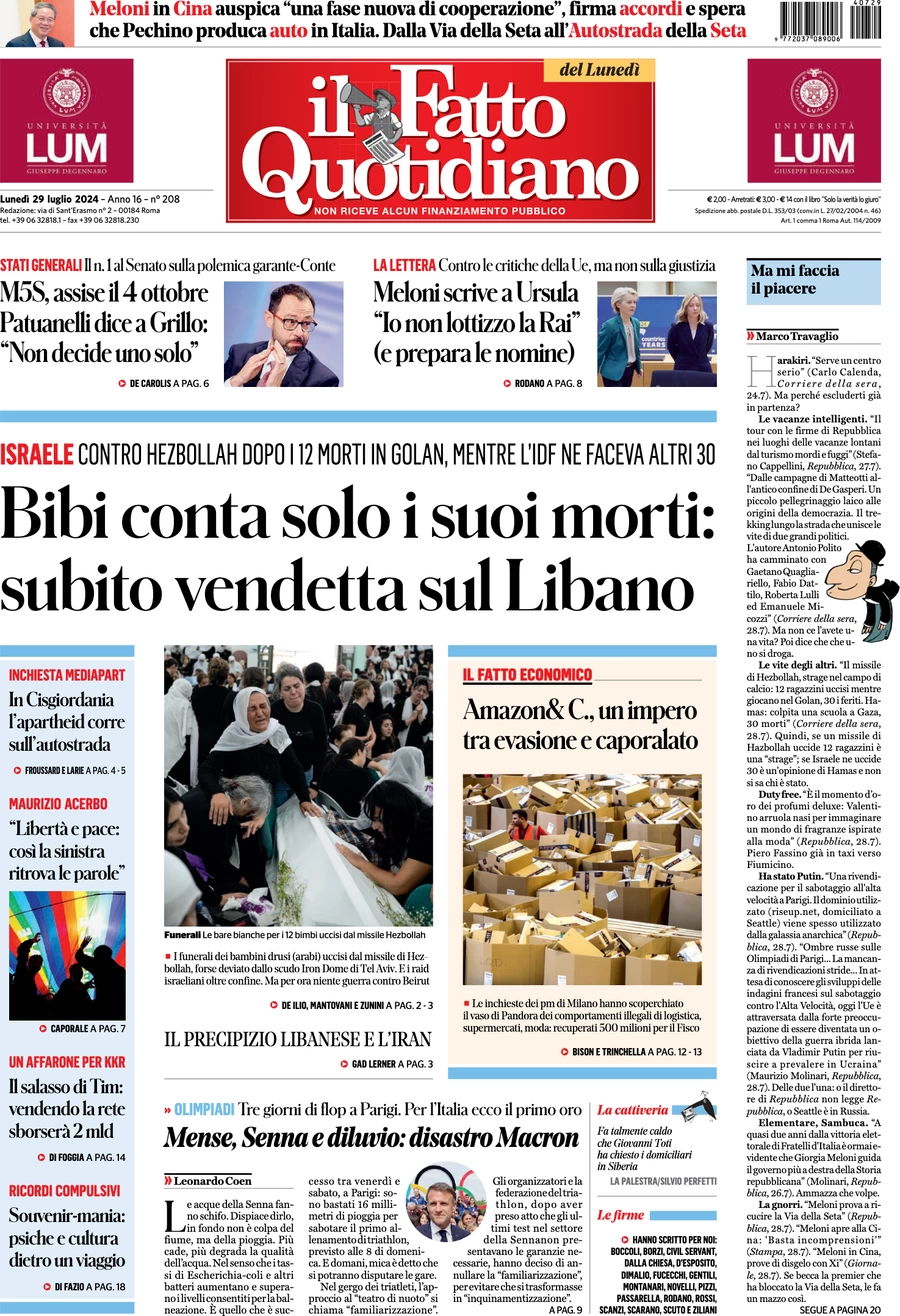 anteprima della prima pagina di il-fatto-quotidiano del 29/07/2024