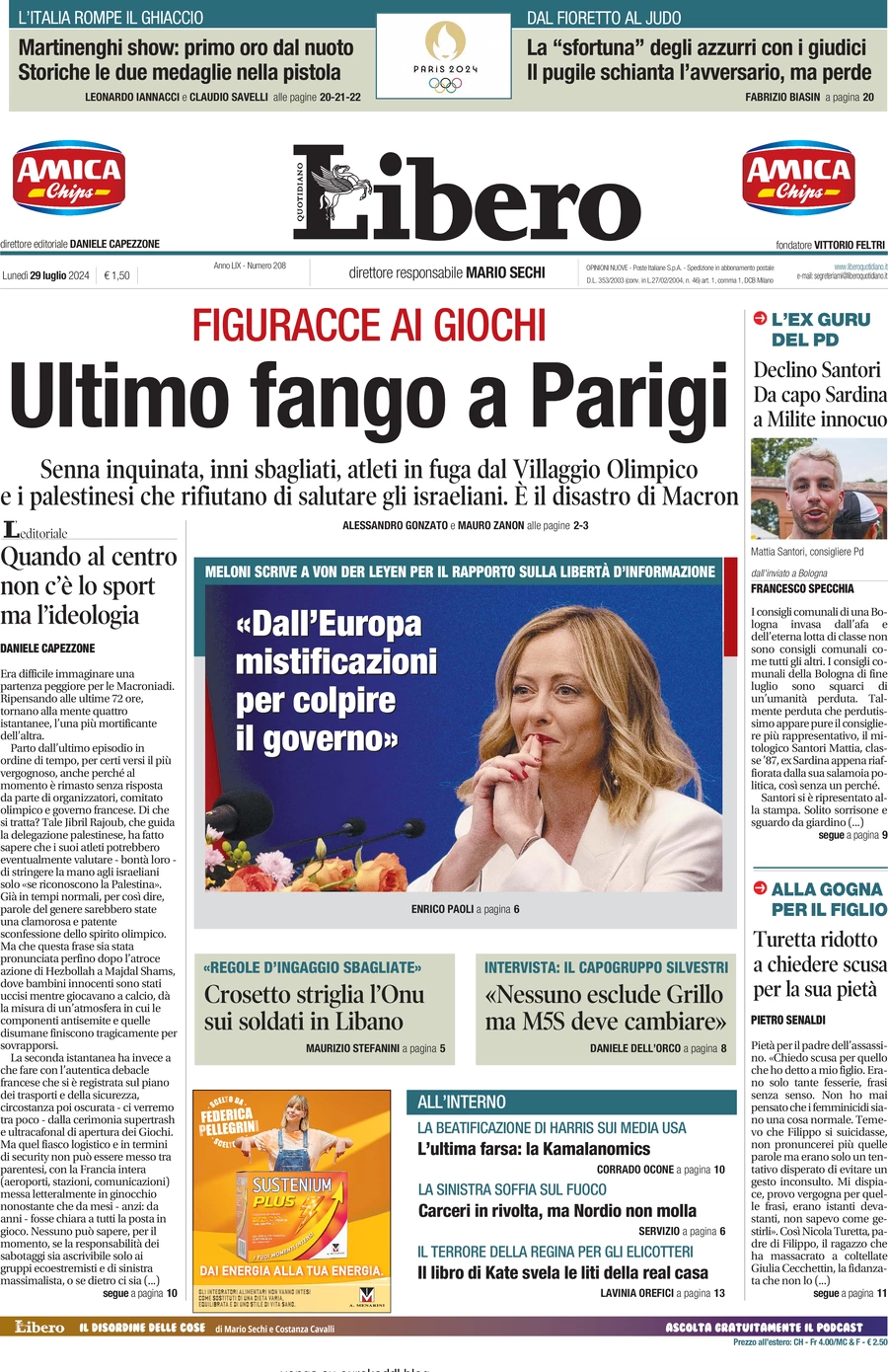 anteprima della prima pagina di libero-quotidiano del 29/07/2024