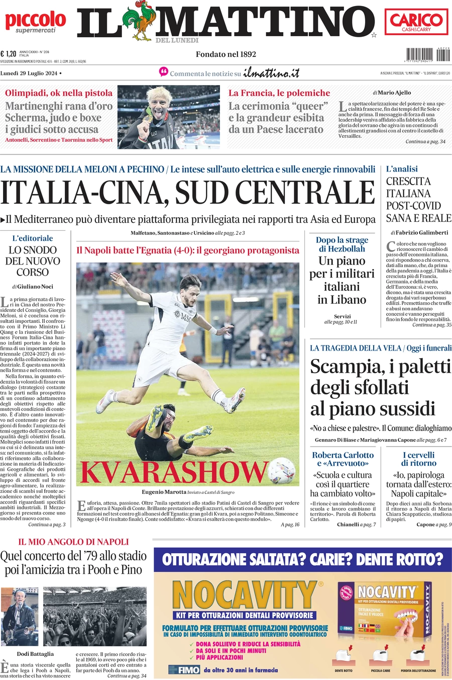 anteprima della prima pagina di il-mattino del 29/07/2024