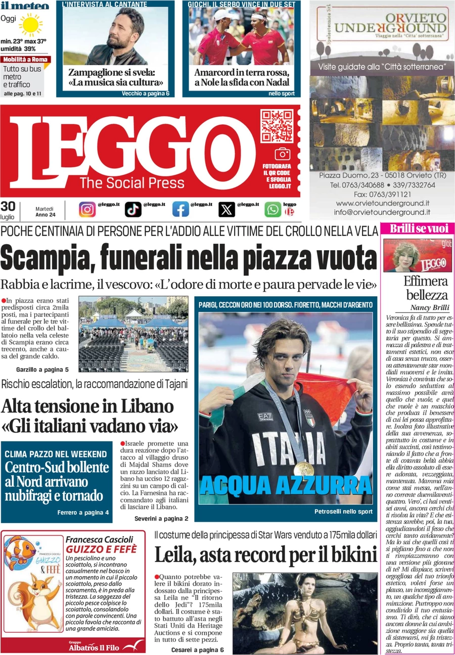 anteprima della prima pagina di leggo-roma del 30/07/2024