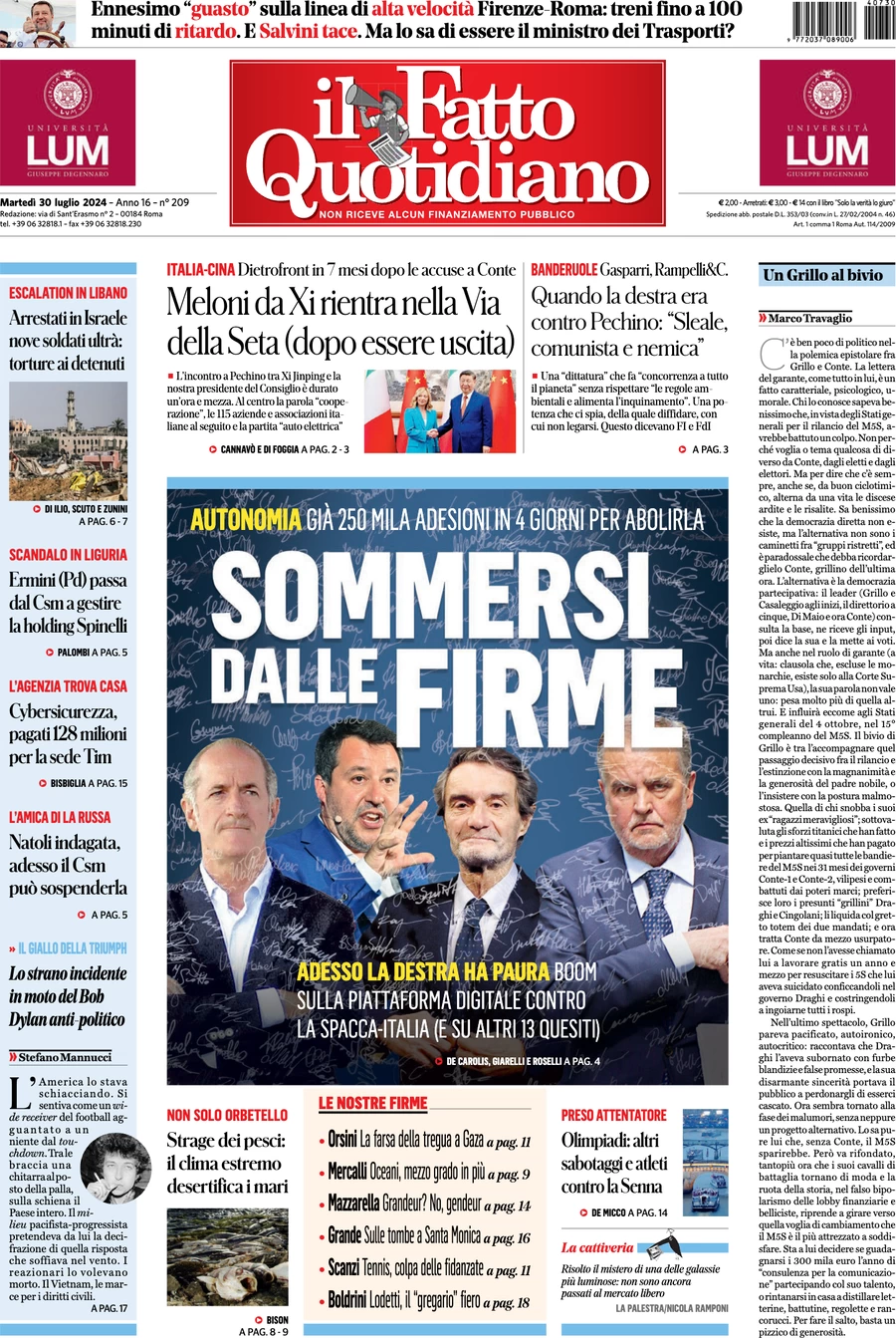 anteprima della prima pagina di il-fatto-quotidiano del 30/07/2024