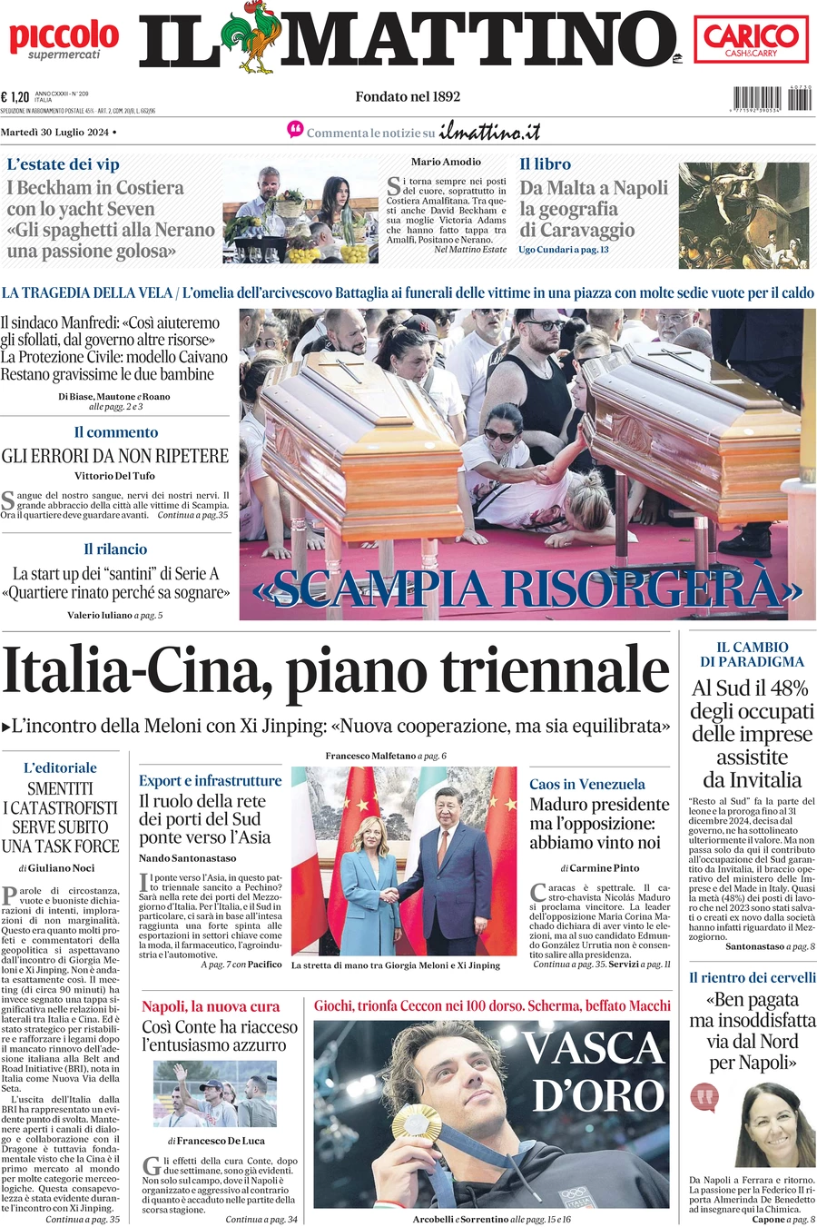 anteprima della prima pagina di il-mattino del 30/07/2024