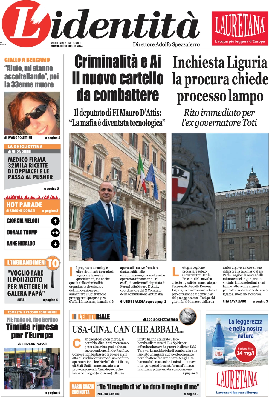 anteprima della prima pagina di lidentit del 30/07/2024