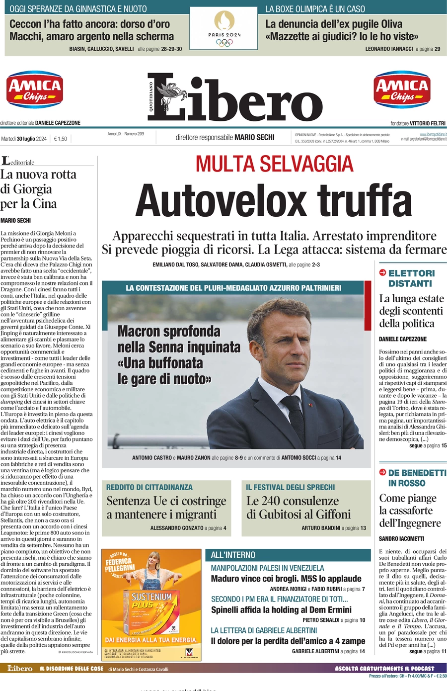 anteprima della prima pagina di libero-quotidiano del 30/07/2024