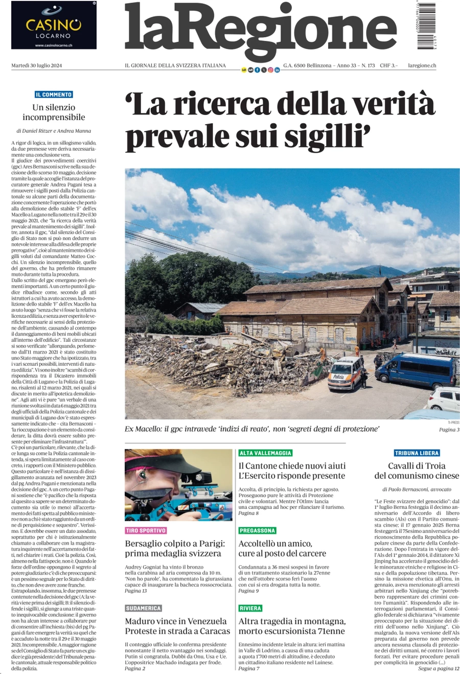 anteprima della prima pagina di la-regione del 30/07/2024