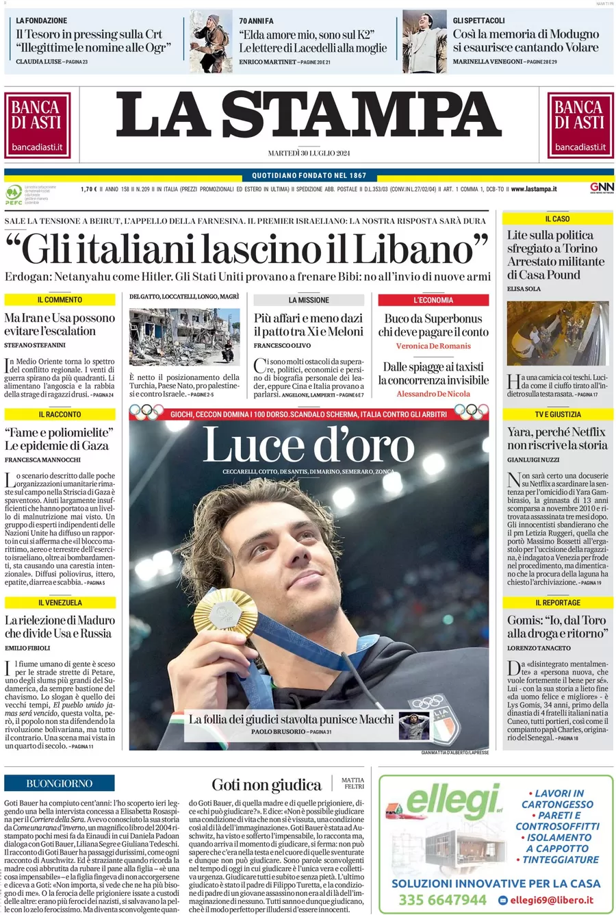 anteprima della prima pagina di la-stampa del 30/07/2024