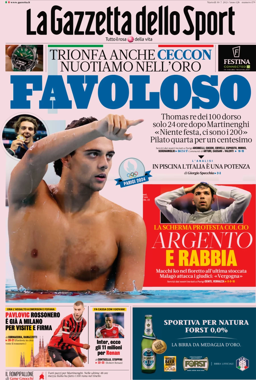 anteprima della prima pagina di la-gazzetta-dello-sport del 30/07/2024