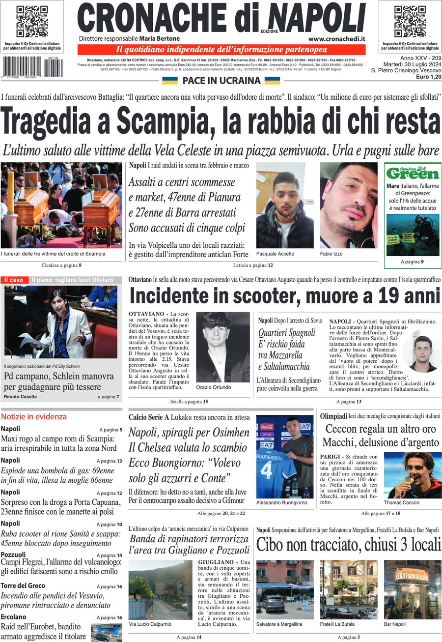 anteprima della prima pagina di cronache-di-napoli del 30/07/2024