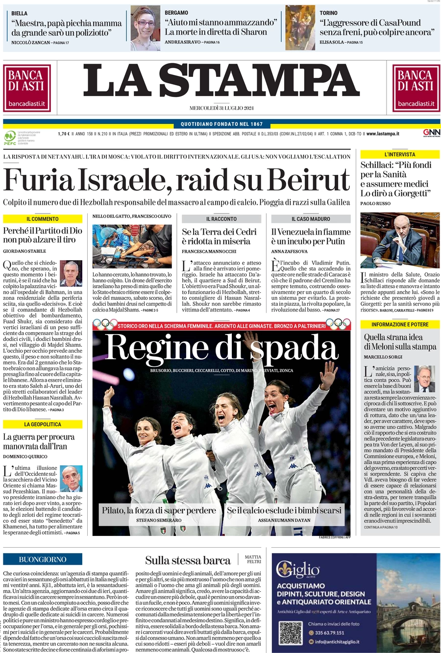 anteprima della prima pagina di la-stampa del 31/07/2024