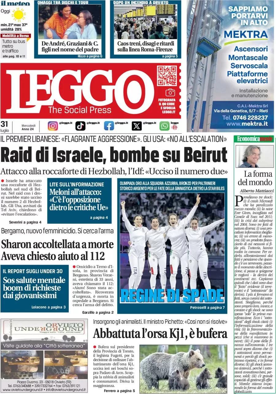 anteprima della prima pagina di leggo-roma del 31/07/2024