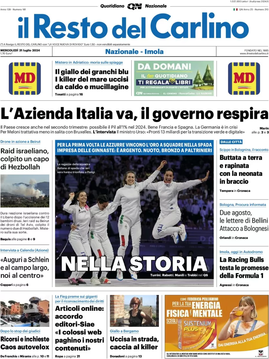 anteprima della prima pagina di il-resto-del-carlino del 31/07/2024