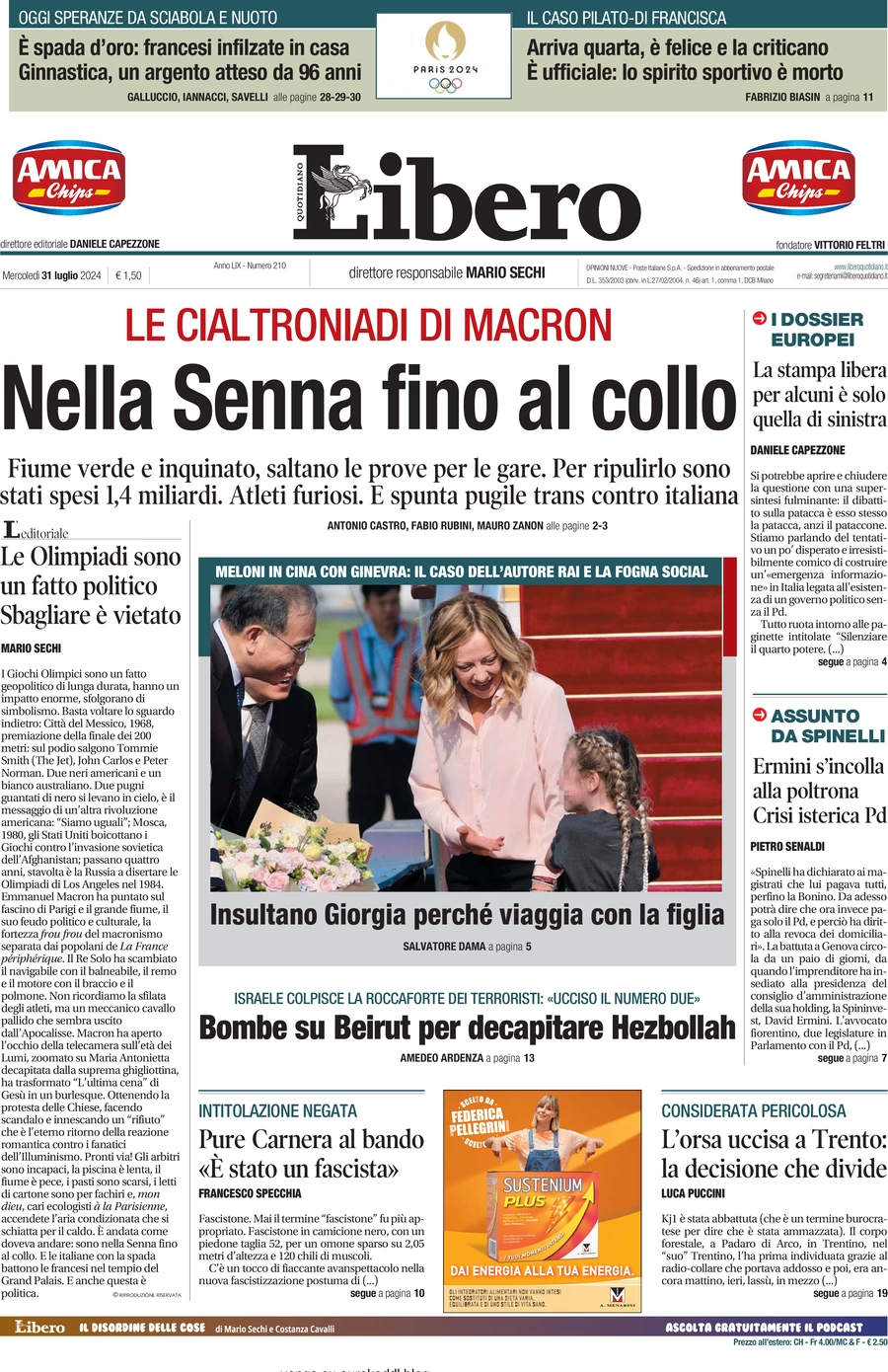 anteprima della prima pagina di libero-quotidiano del 31/07/2024