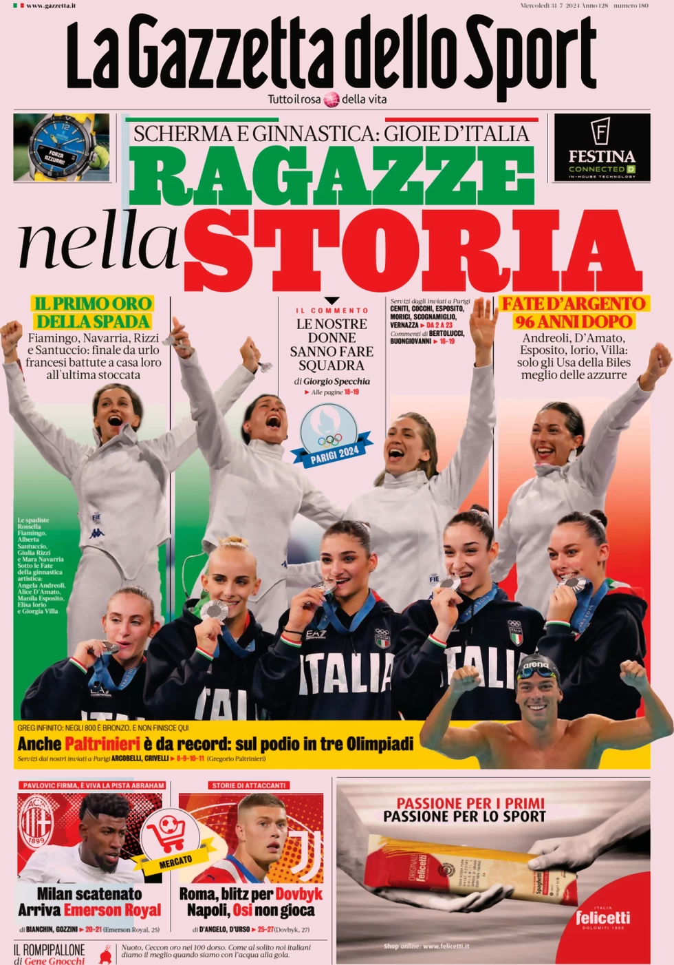 anteprima della prima pagina di la-gazzetta-dello-sport del 31/07/2024