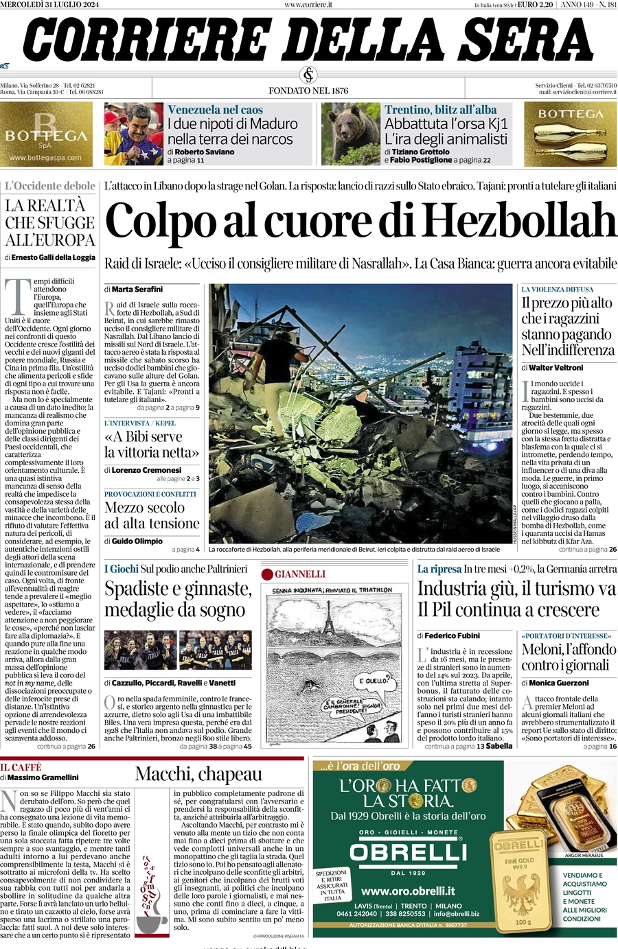 anteprima della prima pagina di corriere-della-sera del 31/07/2024