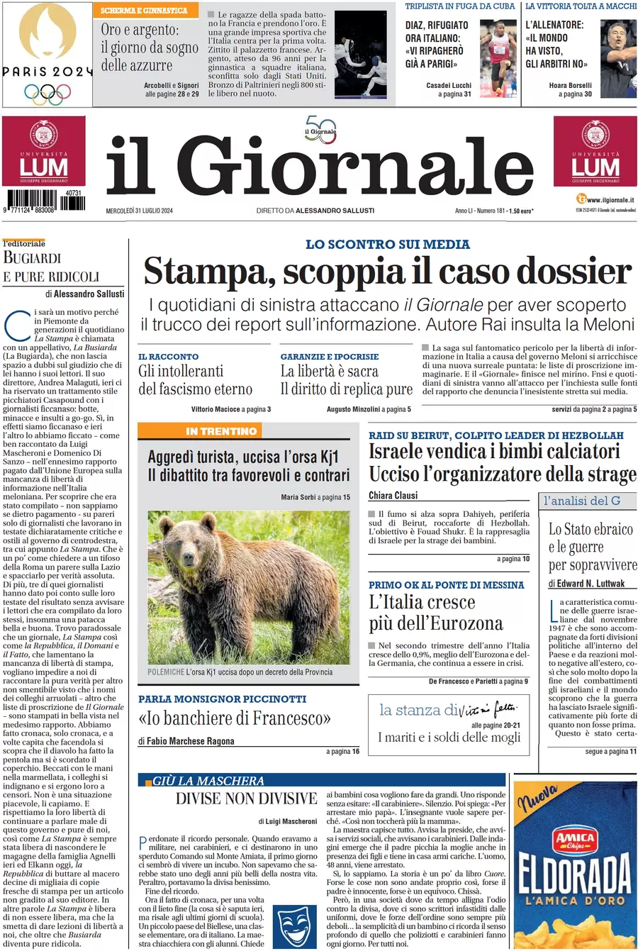 anteprima della prima pagina di il-giornale del 31/07/2024