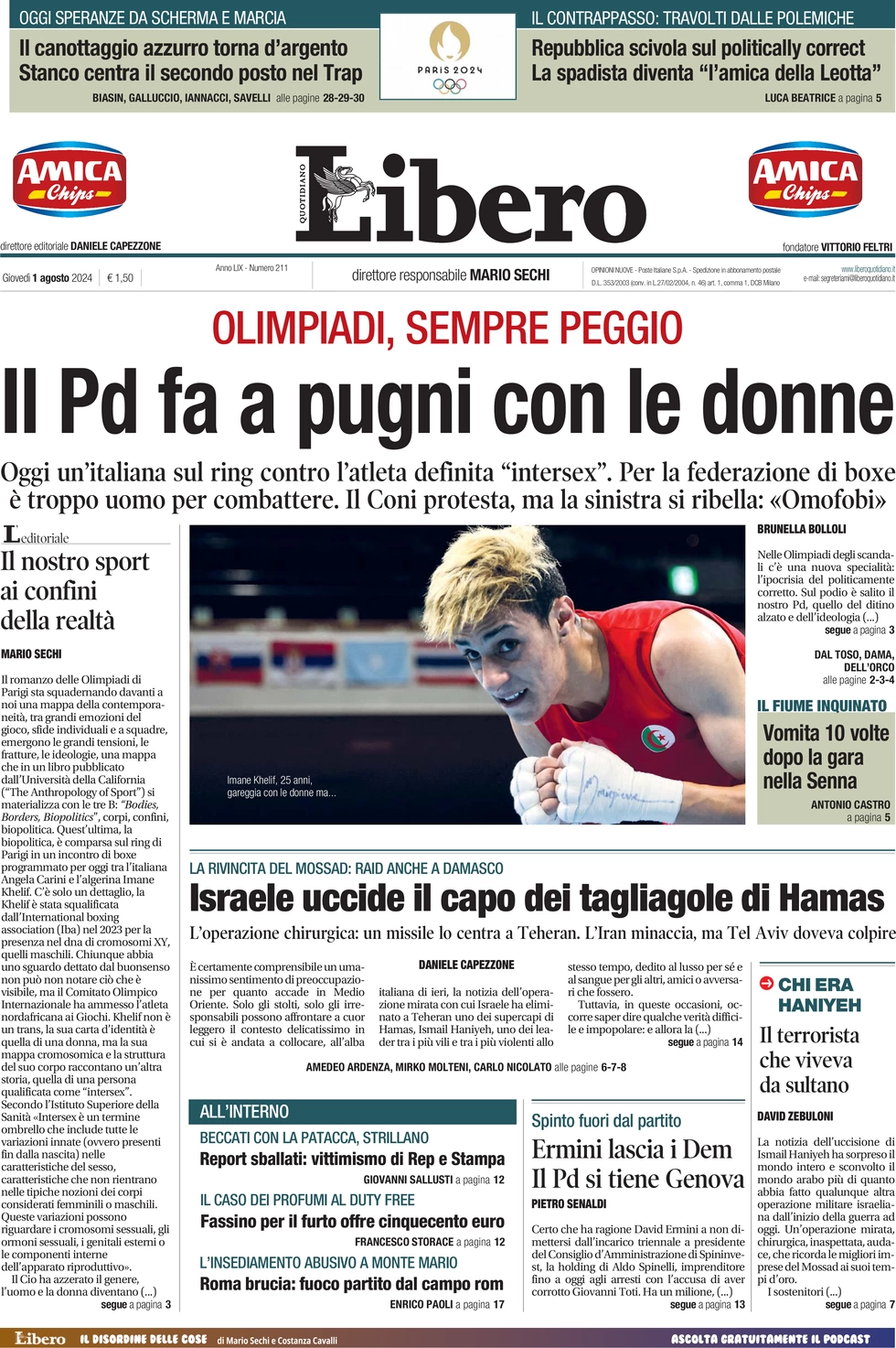 anteprima della prima pagina di libero-quotidiano del 01/08/2024