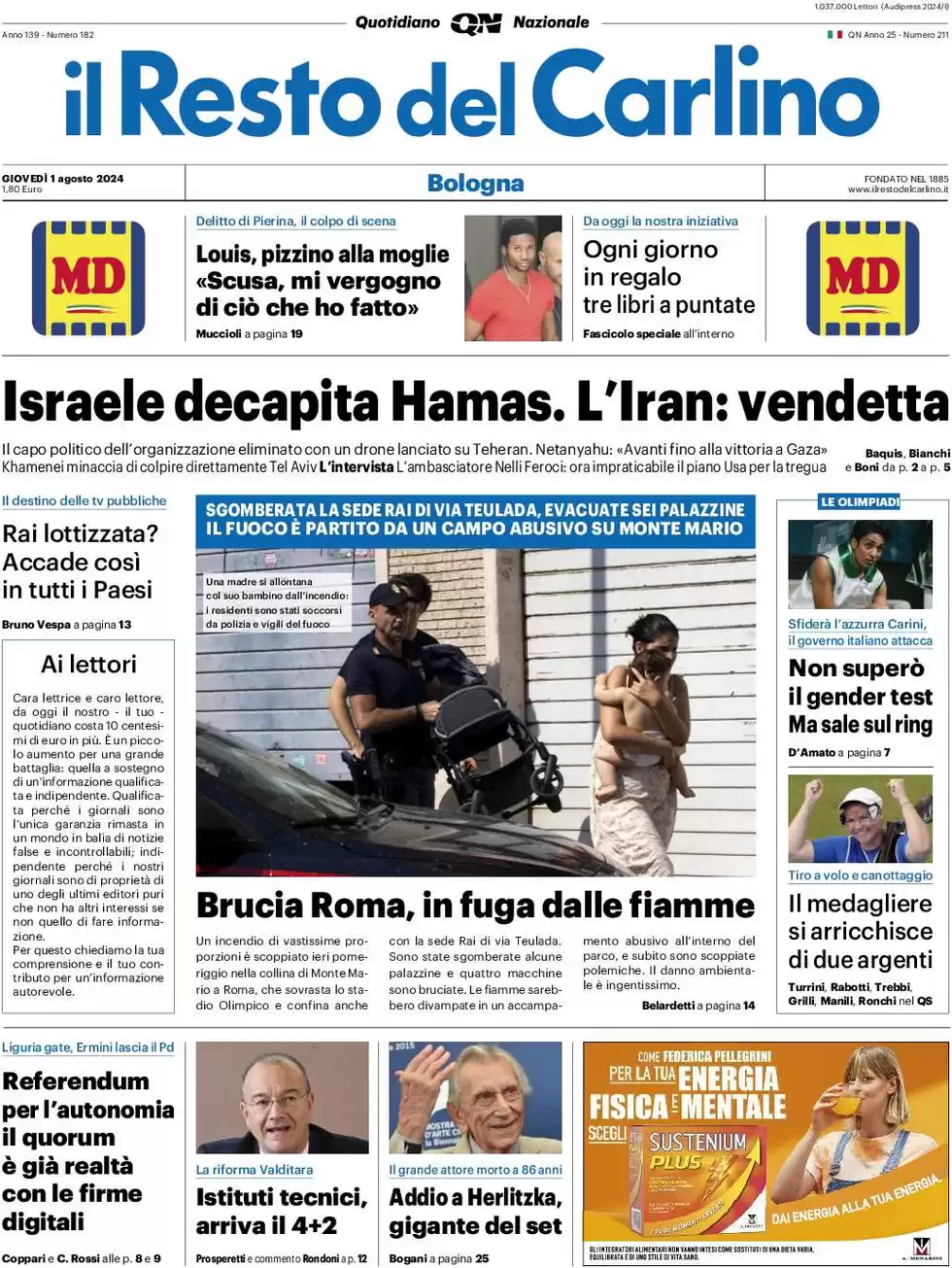 anteprima della prima pagina di il-resto-del-carlino del 01/08/2024