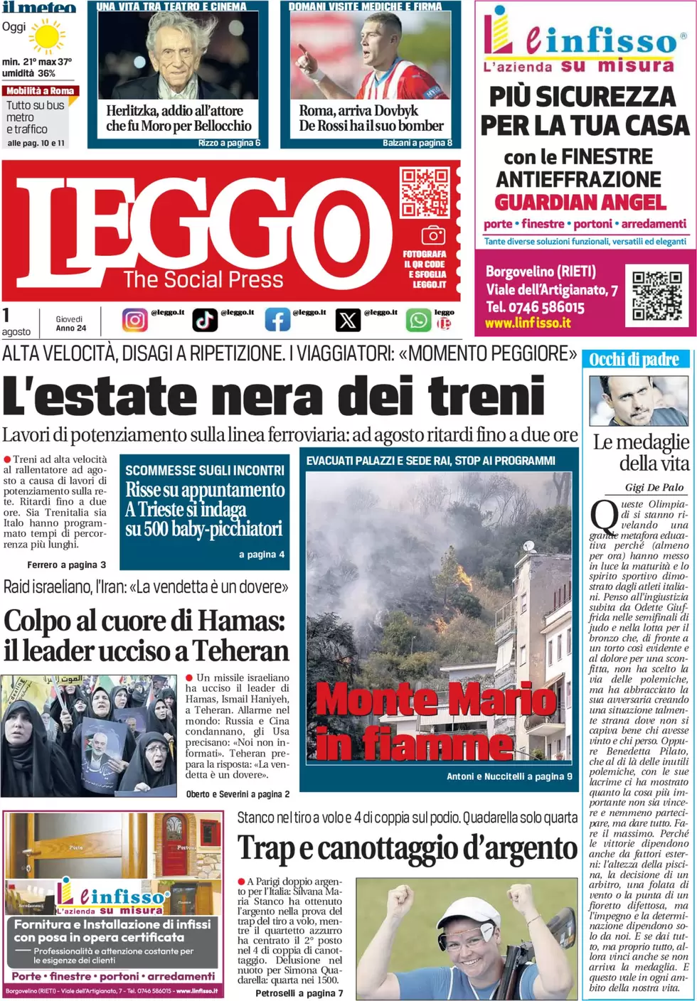 anteprima della prima pagina di leggo-roma del 01/08/2024