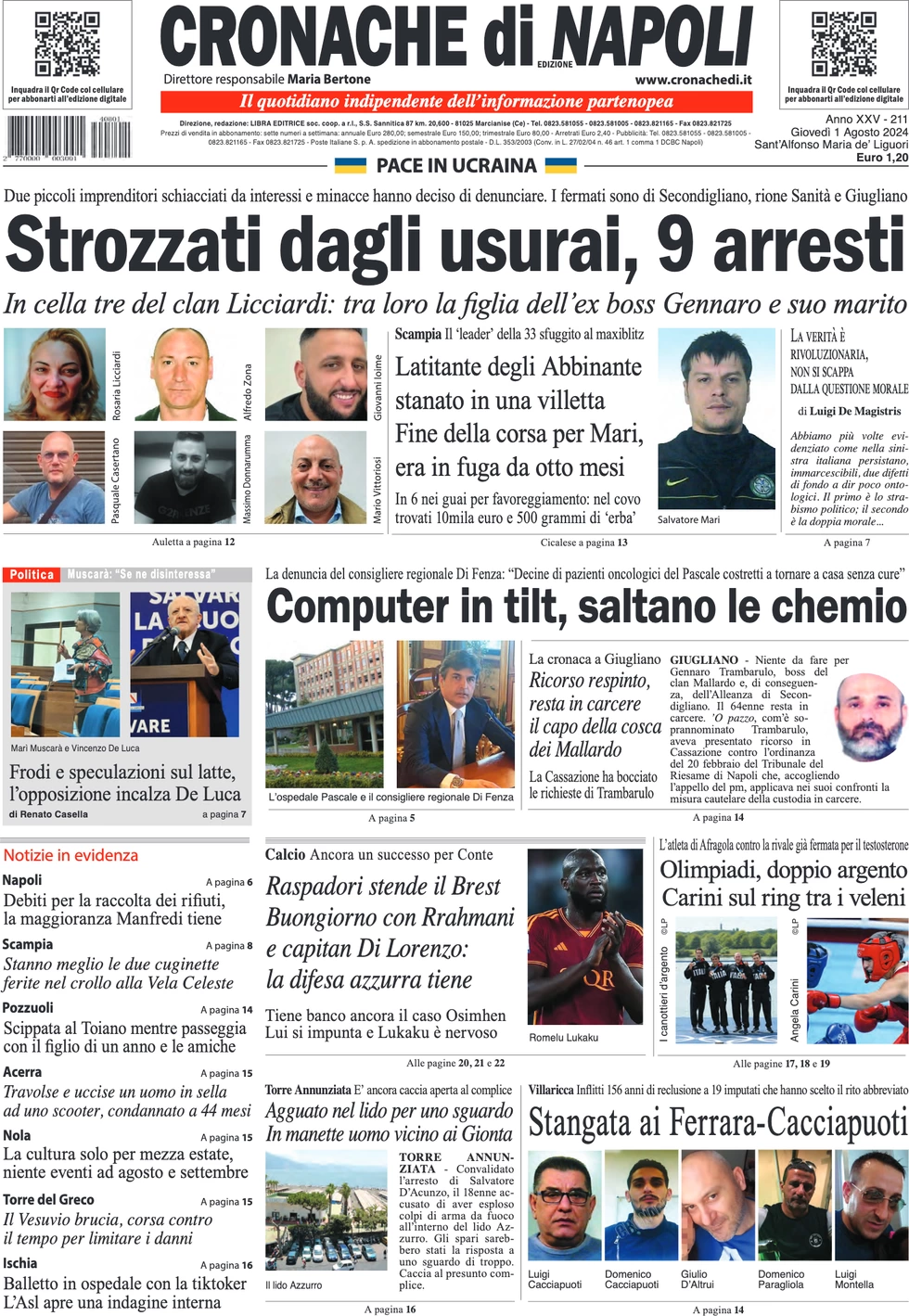 anteprima della prima pagina di cronache-di-napoli del 01/08/2024