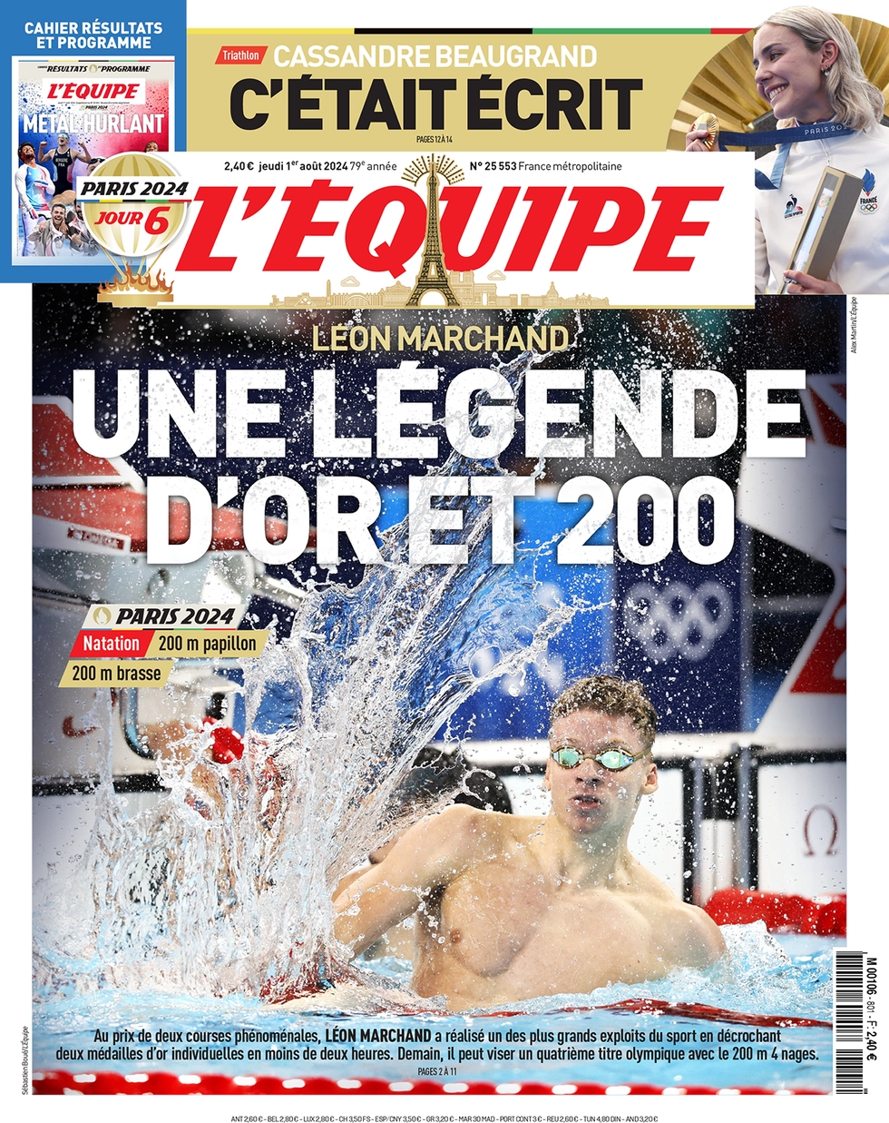 anteprima della prima pagina di lequipe del 01/08/2024