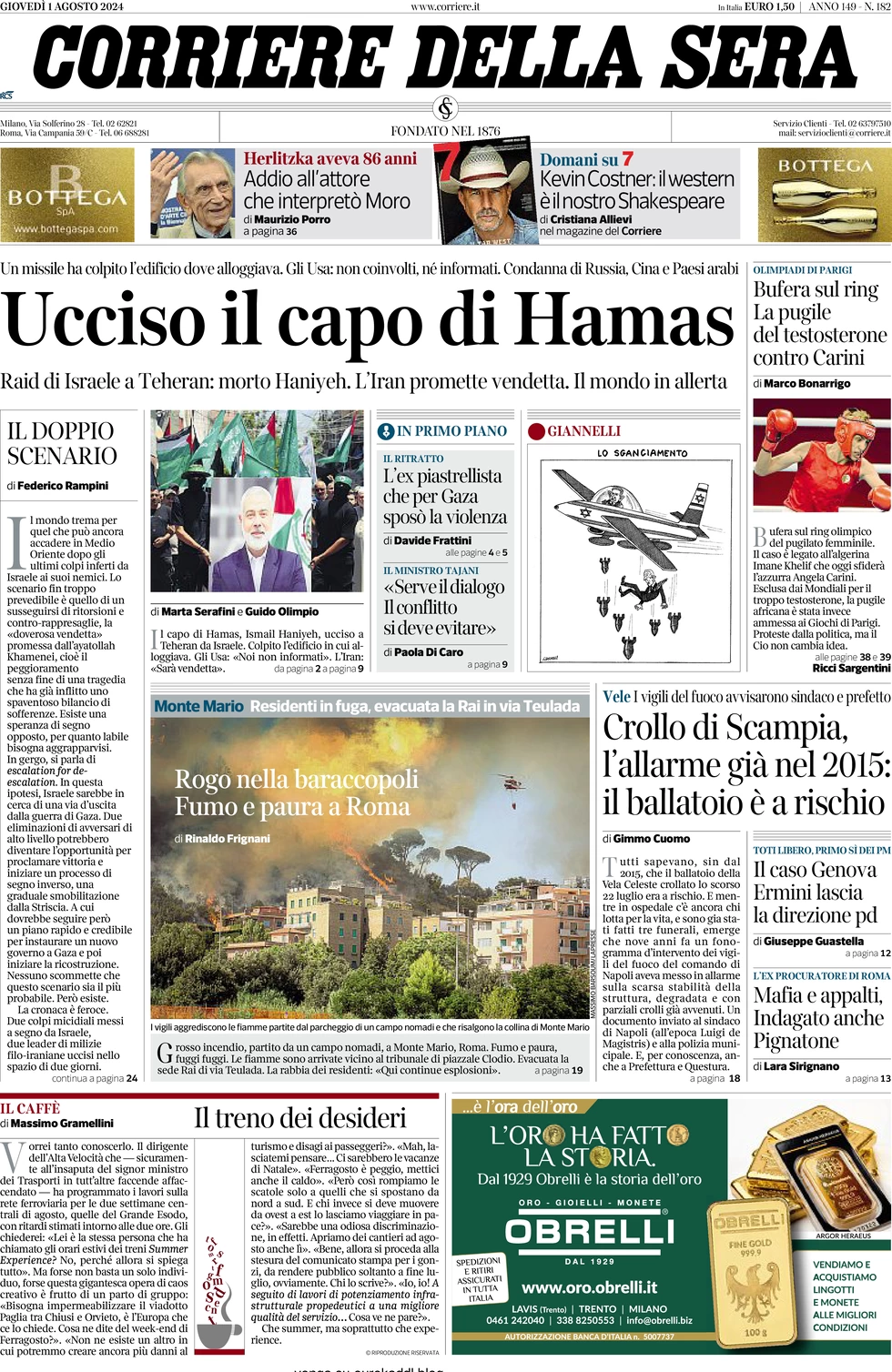 anteprima della prima pagina di corriere-della-sera del 01/08/2024