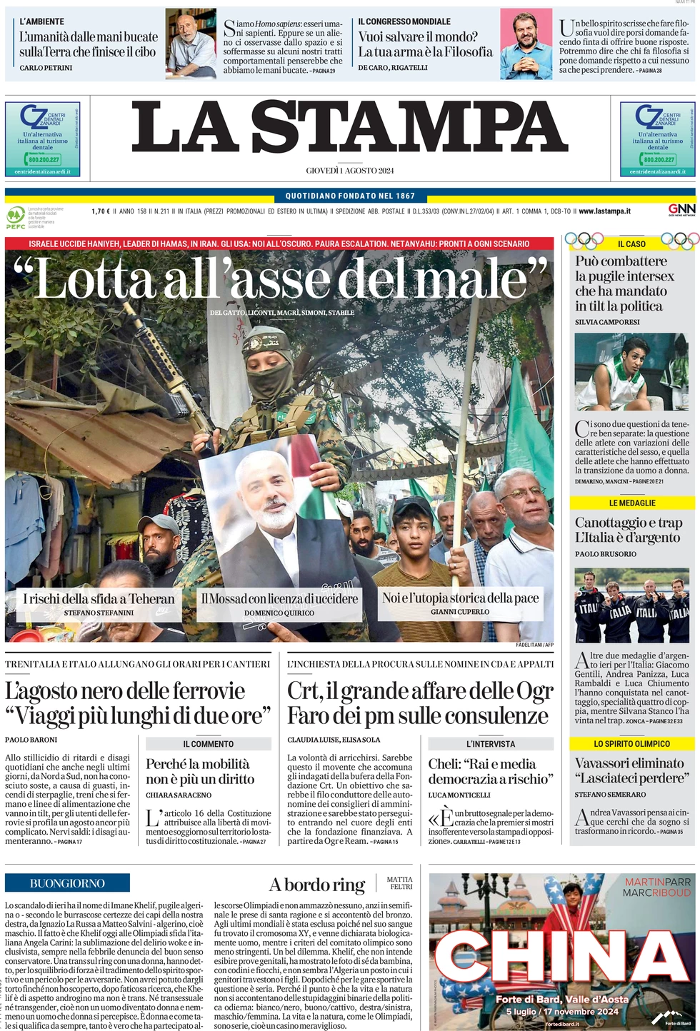 anteprima della prima pagina di la-stampa del 01/08/2024