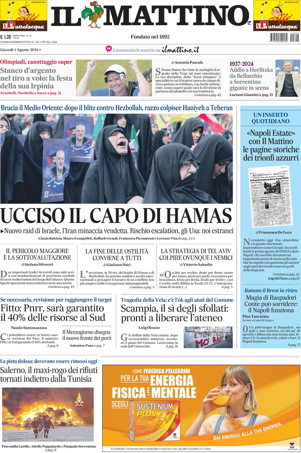 anteprima della prima pagina di il-mattino del 01/08/2024