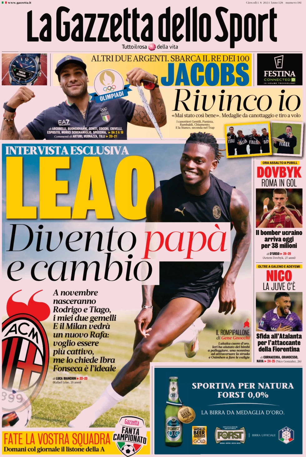 anteprima della prima pagina di la-gazzetta-dello-sport del 01/08/2024