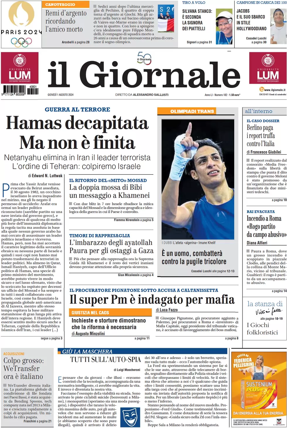 anteprima della prima pagina di il-giornale del 01/08/2024