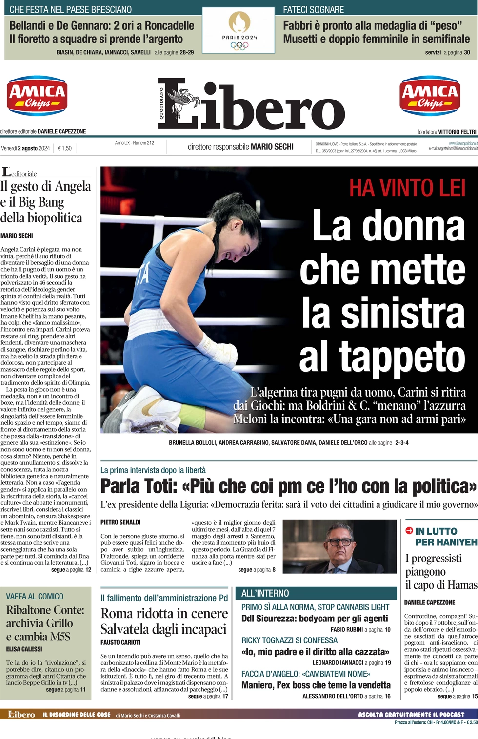 anteprima della prima pagina di libero-quotidiano del 02/08/2024