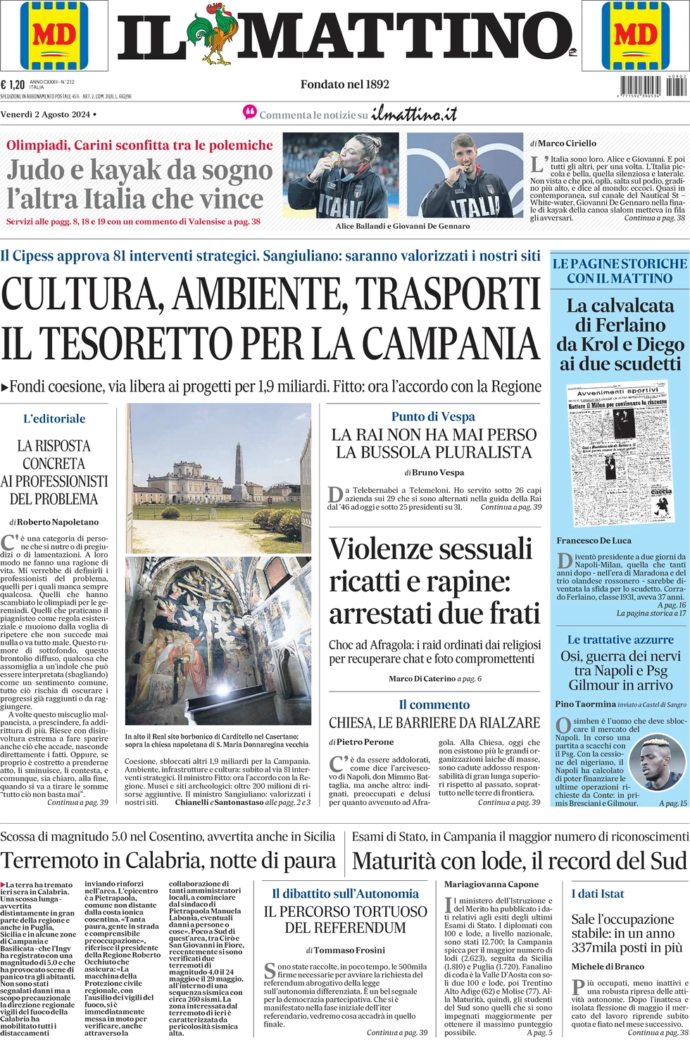 anteprima della prima pagina di il-mattino del 02/08/2024